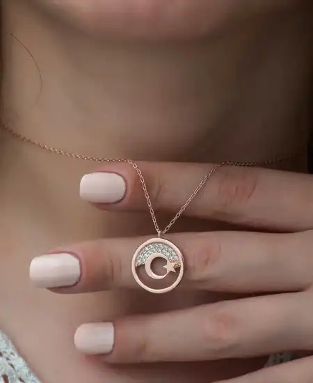 Gümüş Rose Ay Yıldız Bayan Kolye