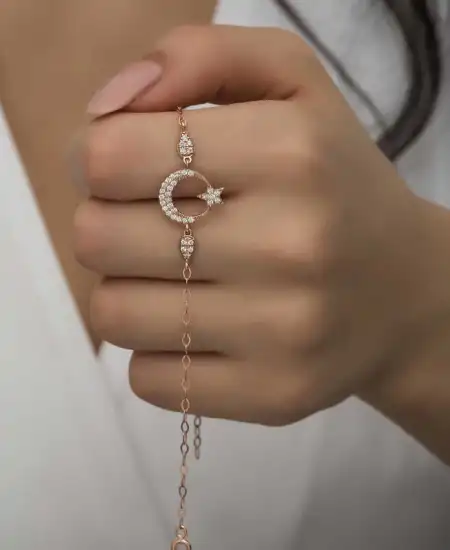 Gümüş Rose Ay Yıldız Kadın Bileklik