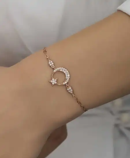 Gümüş Rose Ay Yıldız Kadın Bileklik