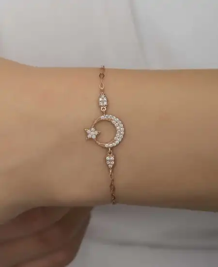 Gümüş Rose Ay Yıldız Kadın Bileklik