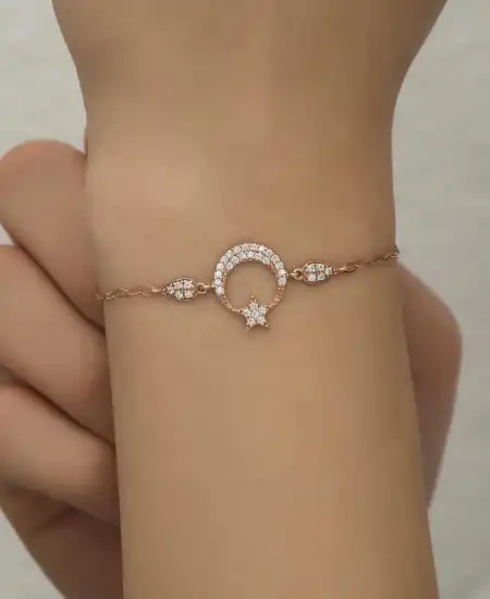 Gümüş Rose Ay Yıldız Kadın Bileklik