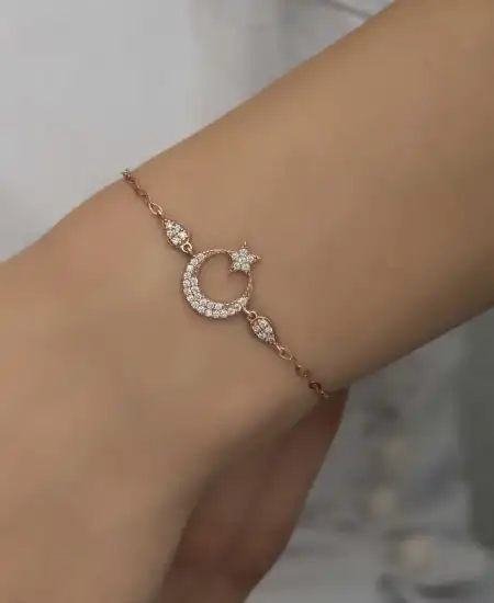Gümüş Rose Ay Yıldız Kadın Bileklik