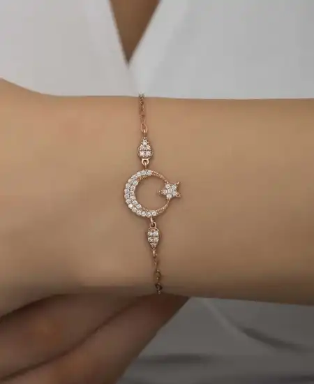 Gümüş Rose Ay Yıldız Kadın Bileklik