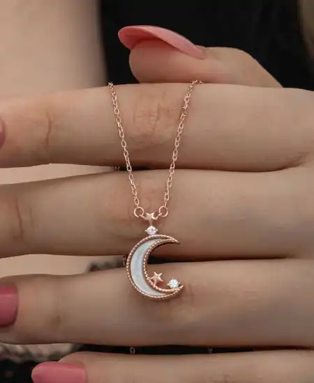 Gümüş Rose Ay Yıldız Kadın Kolye