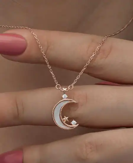 Gümüş Rose Ay Yıldız Kadın Kolye
