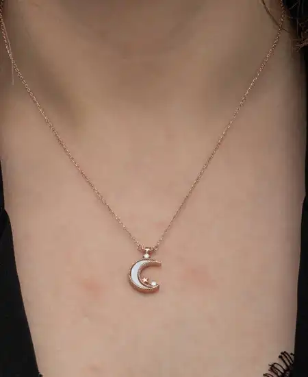 Gümüş Rose Ay Yıldız Kadın Kolye
