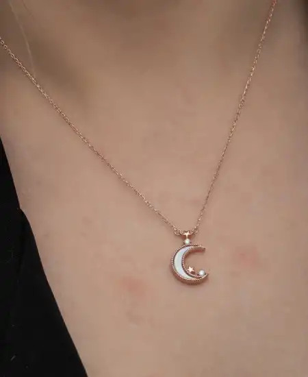 Gümüş Rose Ay Yıldız Kadın Kolye