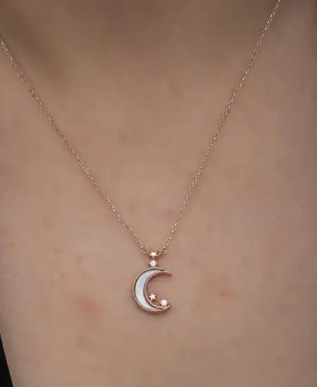 Gümüş Rose Ay Yıldız Kadın Kolye