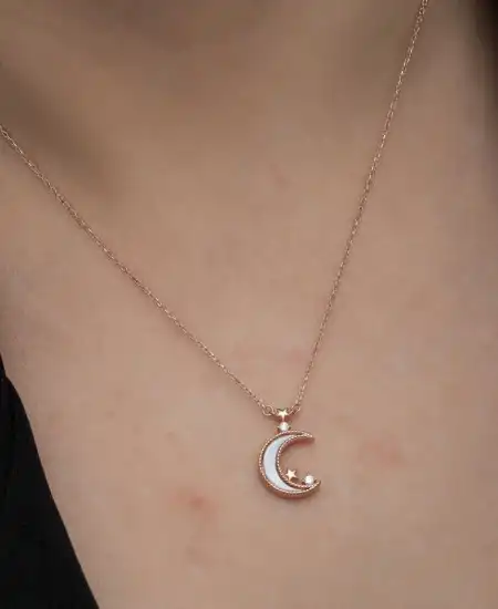 Gümüş Rose Ay Yıldız Kadın Kolye
