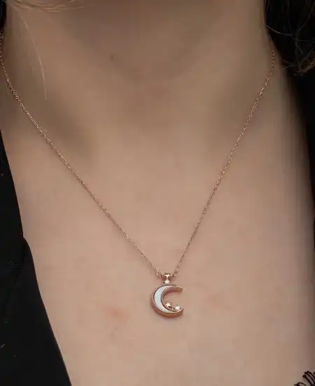 Gümüş Rose Ay Yıldız Kadın Kolye