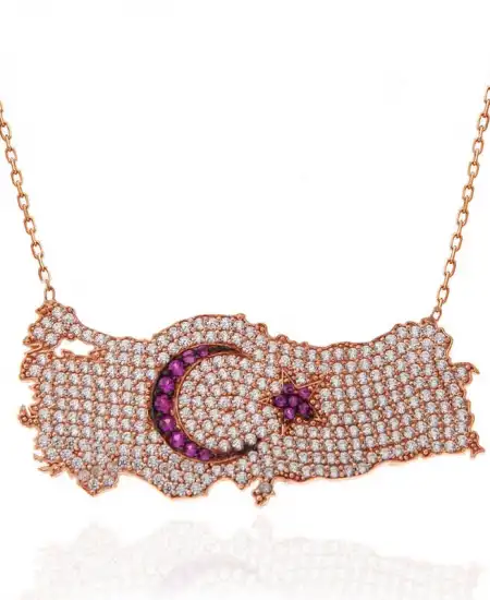 Gümüş Rose Ay Yıldız Türkiye Haritası Kadın Kolye