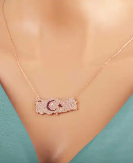 Gümüş Rose Ay Yıldız Türkiye Haritası Kadın Kolye