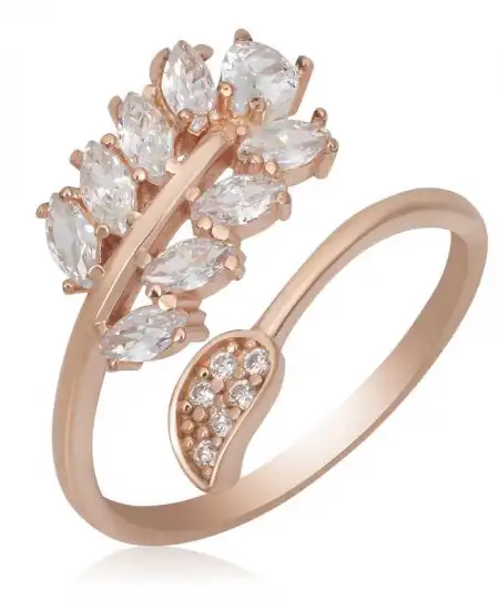 Gümüş Rose Ayarlanabilir Beyaz Taşlı Yaprak Kadın Yüzük