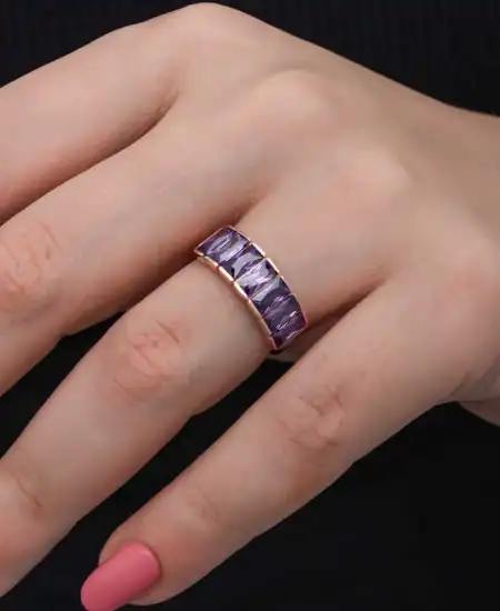 Gümüş Rose Baget  Ametist Taşlı Kadın Yüzük