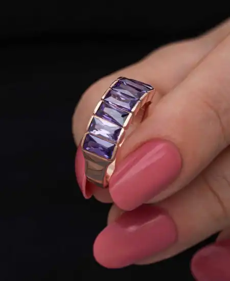 Gümüş Rose Baget  Ametist Taşlı Kadın Yüzük