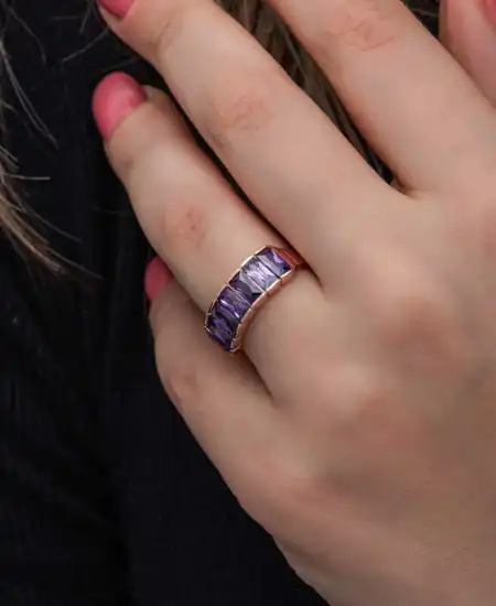 Gümüş Rose Baget  Ametist Taşlı Kadın Yüzük