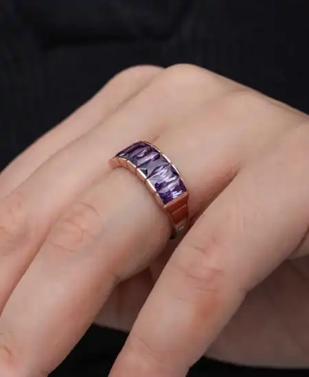 Gümüş Rose Baget  Ametist Taşlı Kadın Yüzük