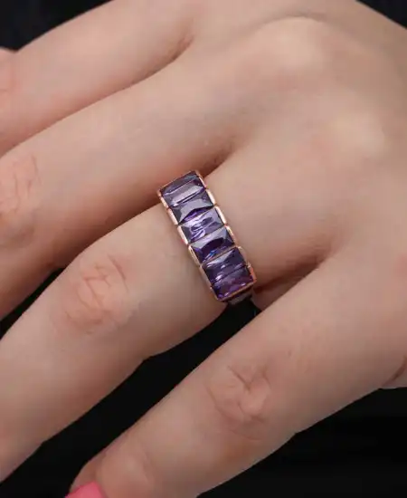 Gümüş Rose Baget  Ametist Taşlı Kadın Yüzük