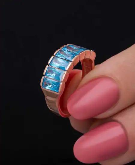 Gümüş Rose Baget  Aquamarine Taşlı Kadın Yüzük