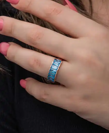 Gümüş Rose Baget  Aquamarine Taşlı Kadın Yüzük