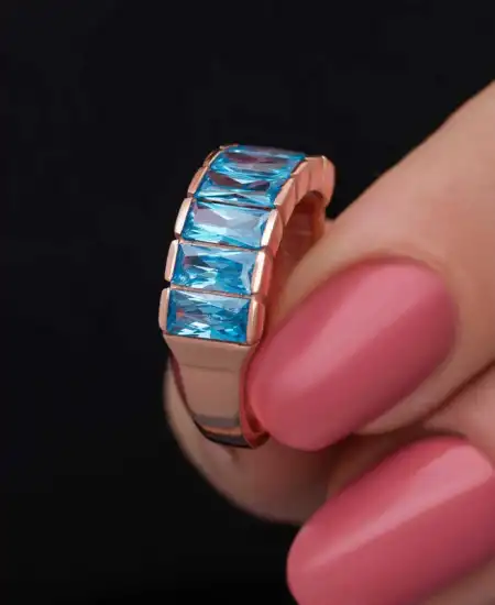 Gümüş Rose Baget  Aquamarine Taşlı Kadın Yüzük