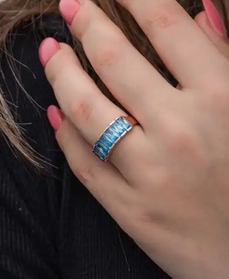 Gümüş Rose Baget  Aquamarine Taşlı Kadın Yüzük