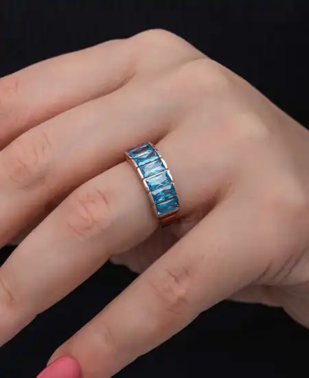 Gümüş Rose Baget  Aquamarine Taşlı Kadın Yüzük