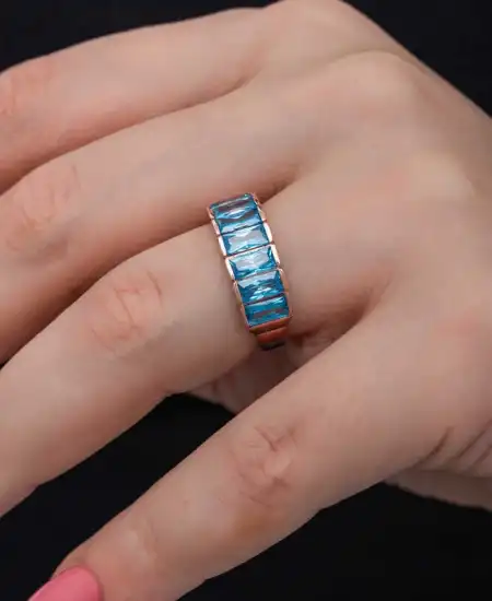 Gümüş Rose Baget  Aquamarine Taşlı Kadın Yüzük