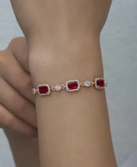 Gümüş Rose Baget Kırmızı Taşlı Kadın Bileklik