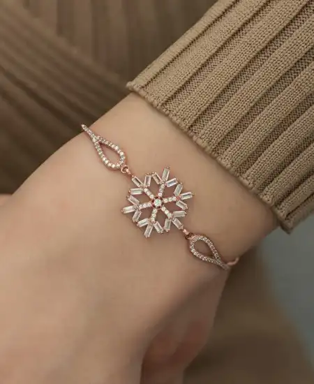 Gümüş Rose Baget Taşlı Kar Tanesi Bileklik