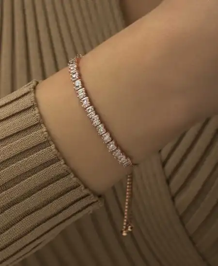 Gümüş Rose Baget Taşlı Su Yolu Asansör Bileklik