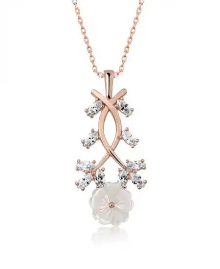 Gümüş Rose Beyaz Bahar Çiçeği Kolye