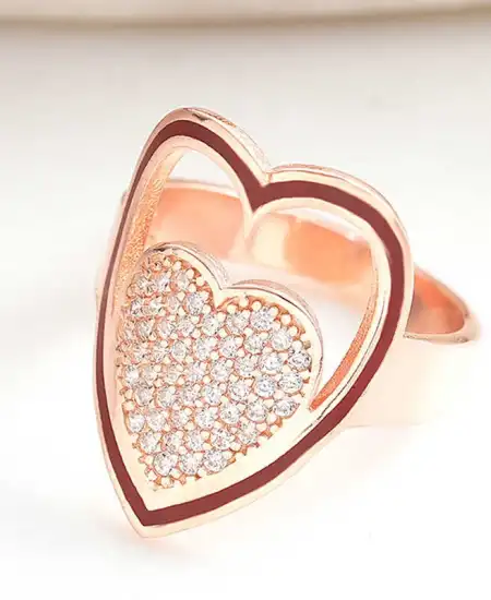 Gümüş Rose Beyaz Taşlı Kalpli Kadın Yüzük