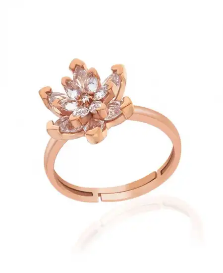 Gümüş Rose Beyaz Taşlı Lotus Çiçeği Kadın Yüzük