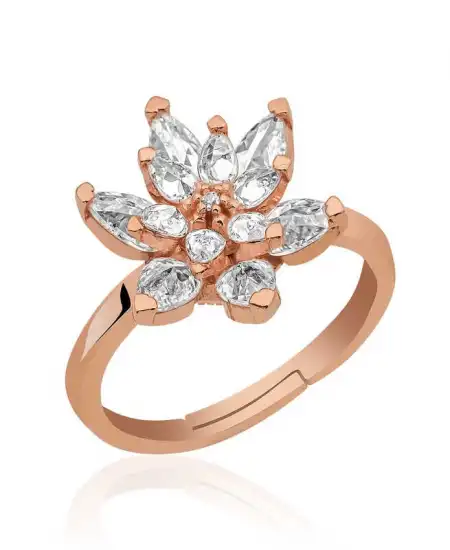 Gümüş Rose Beyaz Taşlı Lotus Çiçeği Yüzük