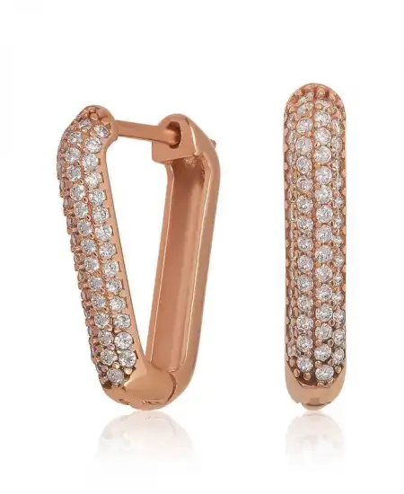 Gümüş Rose Beyaz Taşlı Üçgen Küpe