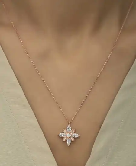 Gümüş Rose Beyaz Umut Çiçeği Kolye