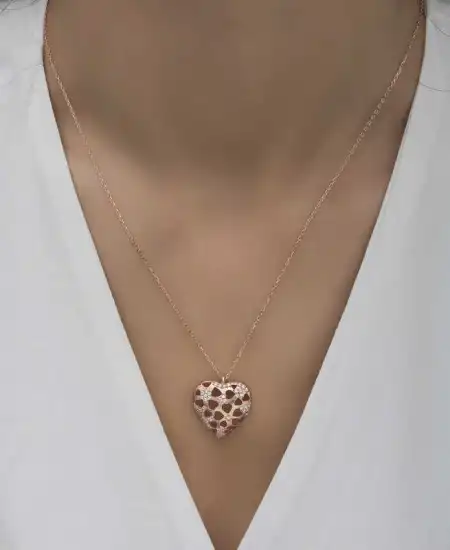 Gümüş Rose Bombeli Kalp Kadın Kolye