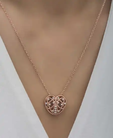 Gümüş Rose Bombeli Kalp Kadın Kolye