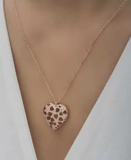 Gümüş Rose Bombeli Kalp Kadın Kolye