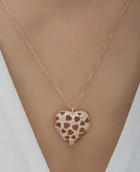Gümüş Rose Bombeli Kalp Kadın Kolye