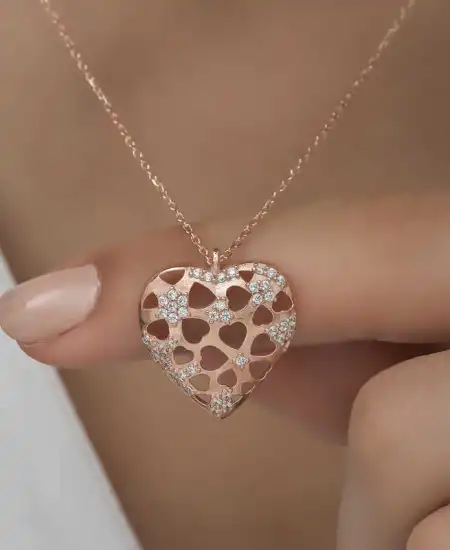 Gümüş Rose Bombeli Kalp Kadın Kolye