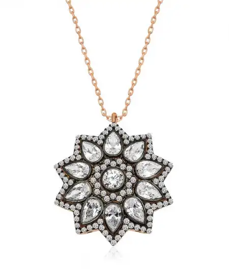 Gümüş Rose Çiçek Desenli Elmas Montür Kolye