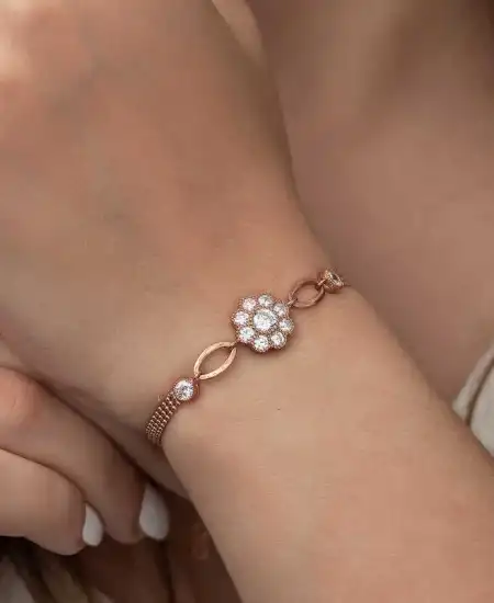 Gümüş Rose Çiçek Modelli Bileklik