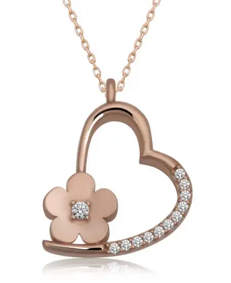 Gümüş Rose Çiçekli Kalp Kadın Kolye