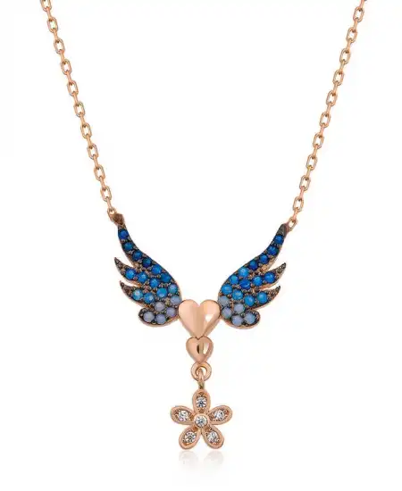 Gümüş Rose Çiçekli Kanatlı Kalpli Kolye