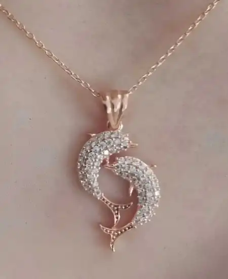 Gümüş Rose Çift Yunus Balığı Kadın Kolye