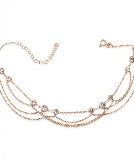 Gümüş Rose Çift Zincirli Beyaz Taşlı Halhal