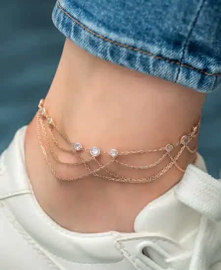 Gümüş Rose Çift Zincirli Beyaz Taşlı Halhal