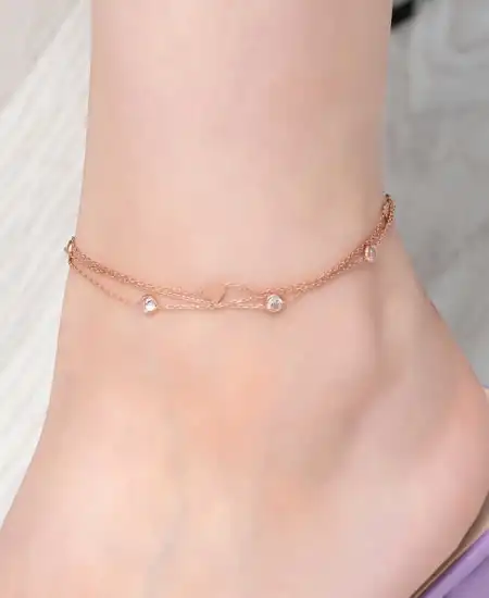 Gümüş Rose Çift Zincirli Kalp Zirkon Taşlı Halhal